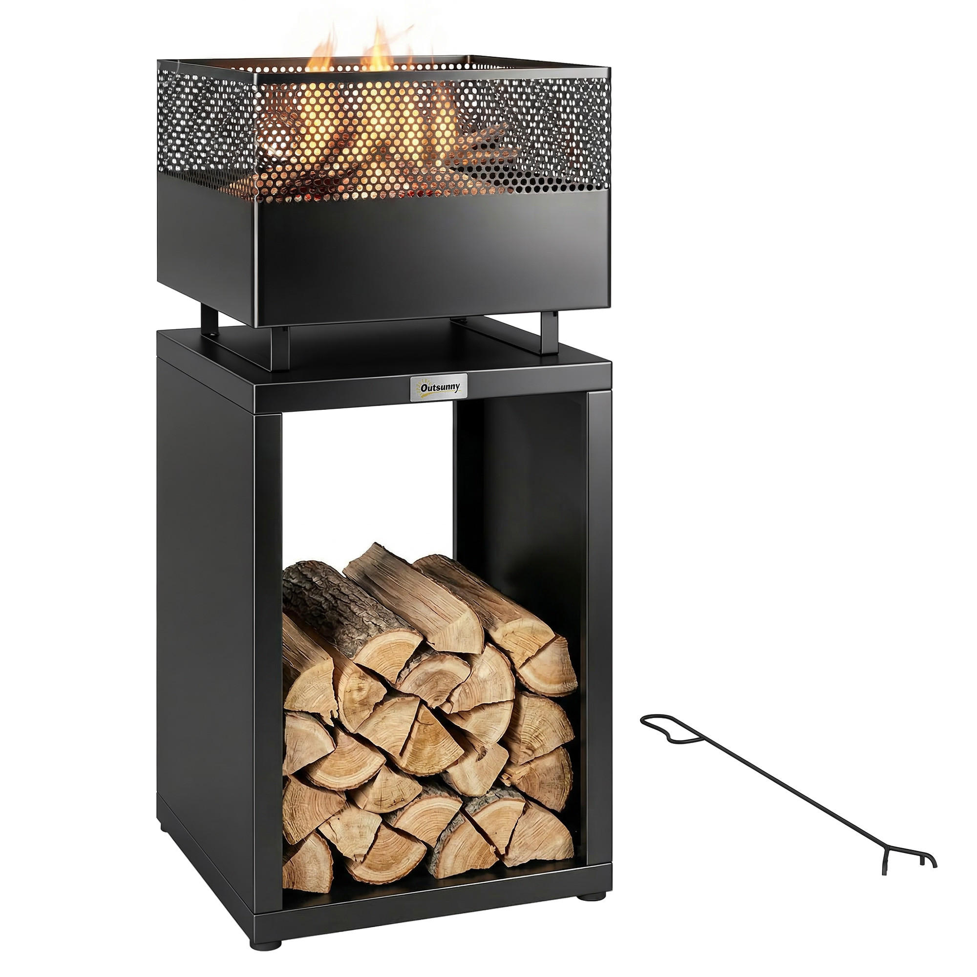FEUERSCHALE DE-10551 Turmdesign mit Holzlager Schwarz - Schwarz, Metall (39/87/39cm) - ComfortXL