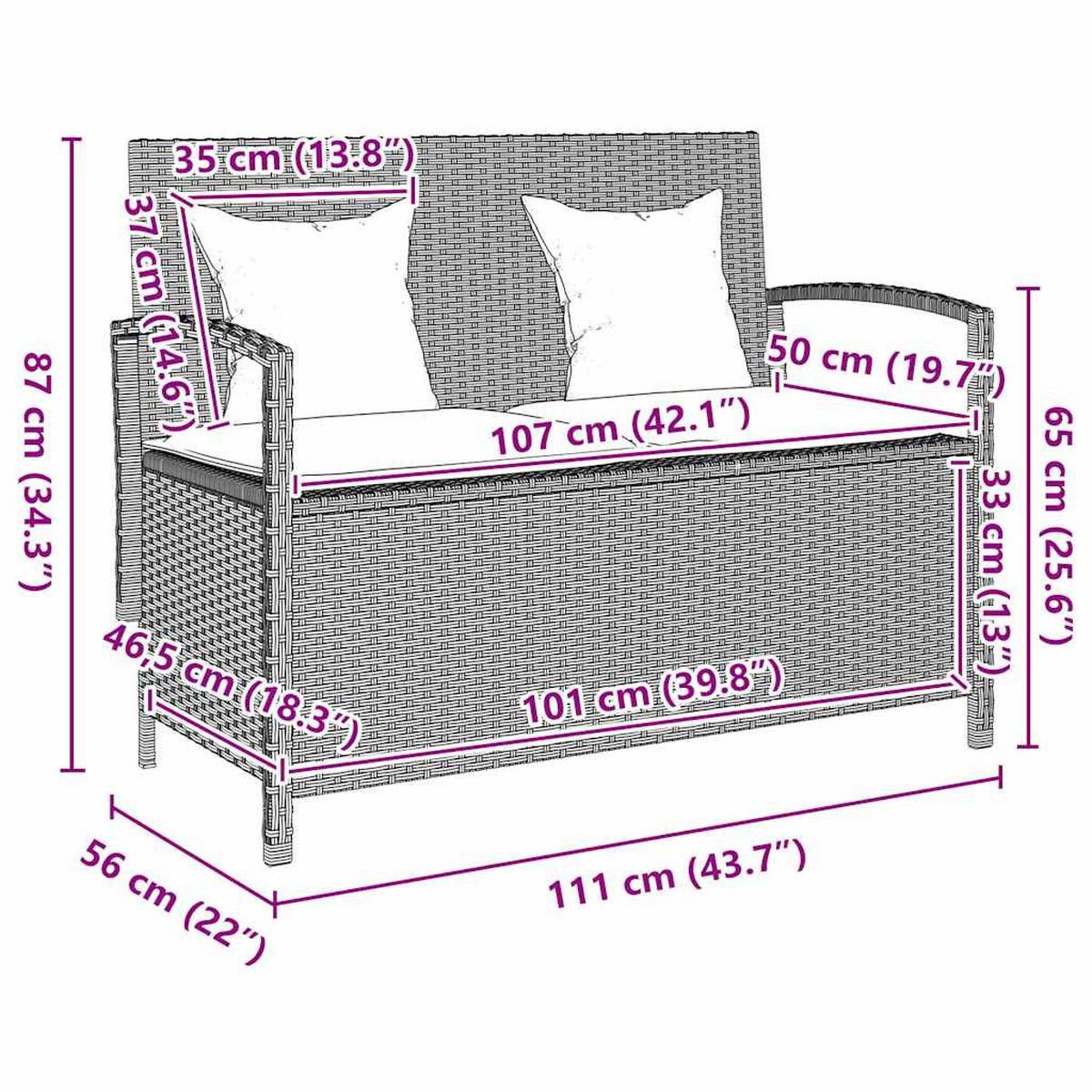 GARTENBANK mit Stauraum und Kissen, 111/56/87 cm, aus PE-Rattan und Stahl, Hellgrau - Grau, Kunststoff (56/87/111cm) - vidaXL