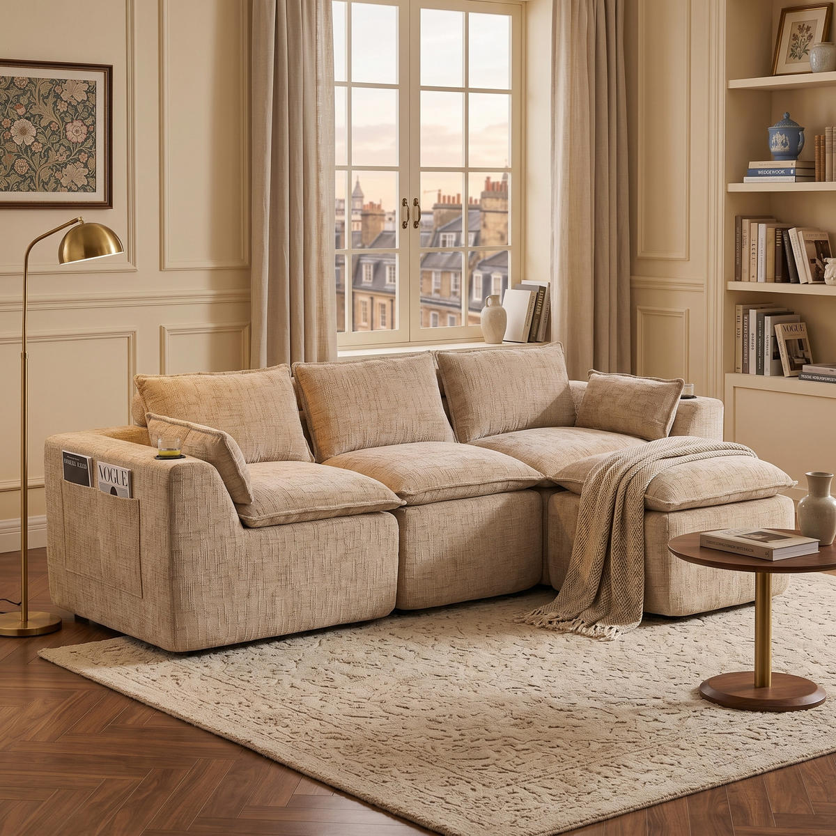3-SITZER-SOFA aus Chenille, mit Fußhocker und Getränkehalter - Sandfarben, Textil (256/75/161cm) - Urban Meuble