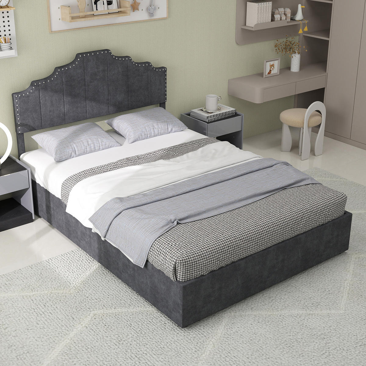 POLSTERBETT 160/200 cm grau aus Stoff und Metall mit Stauraum - Grau, Textil (160/200cm) - OKWISH