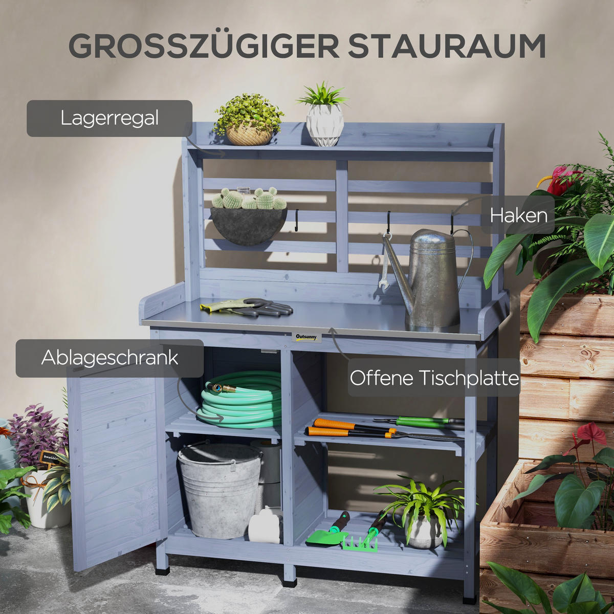 PFLANZTISCH aus Holz, Gärtnertisch mit Schrank, Blumentisch mit Arbeitsplatte, Grau - Grau, Holz/Metall (112/47/146cm) - Outsunny