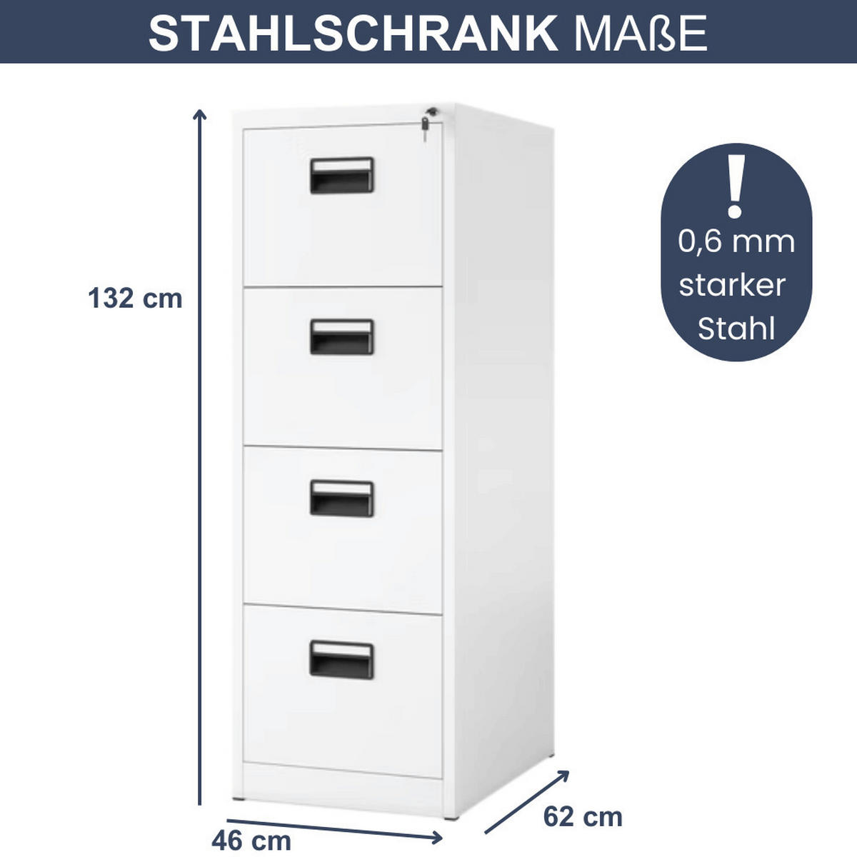 HÄNGEREGISTERSCHRANK abschließbar SARA 4 Schubladen 132x46x62cm Weiß - Weiß, Metall (46/132/62cm) - Jan Nowak