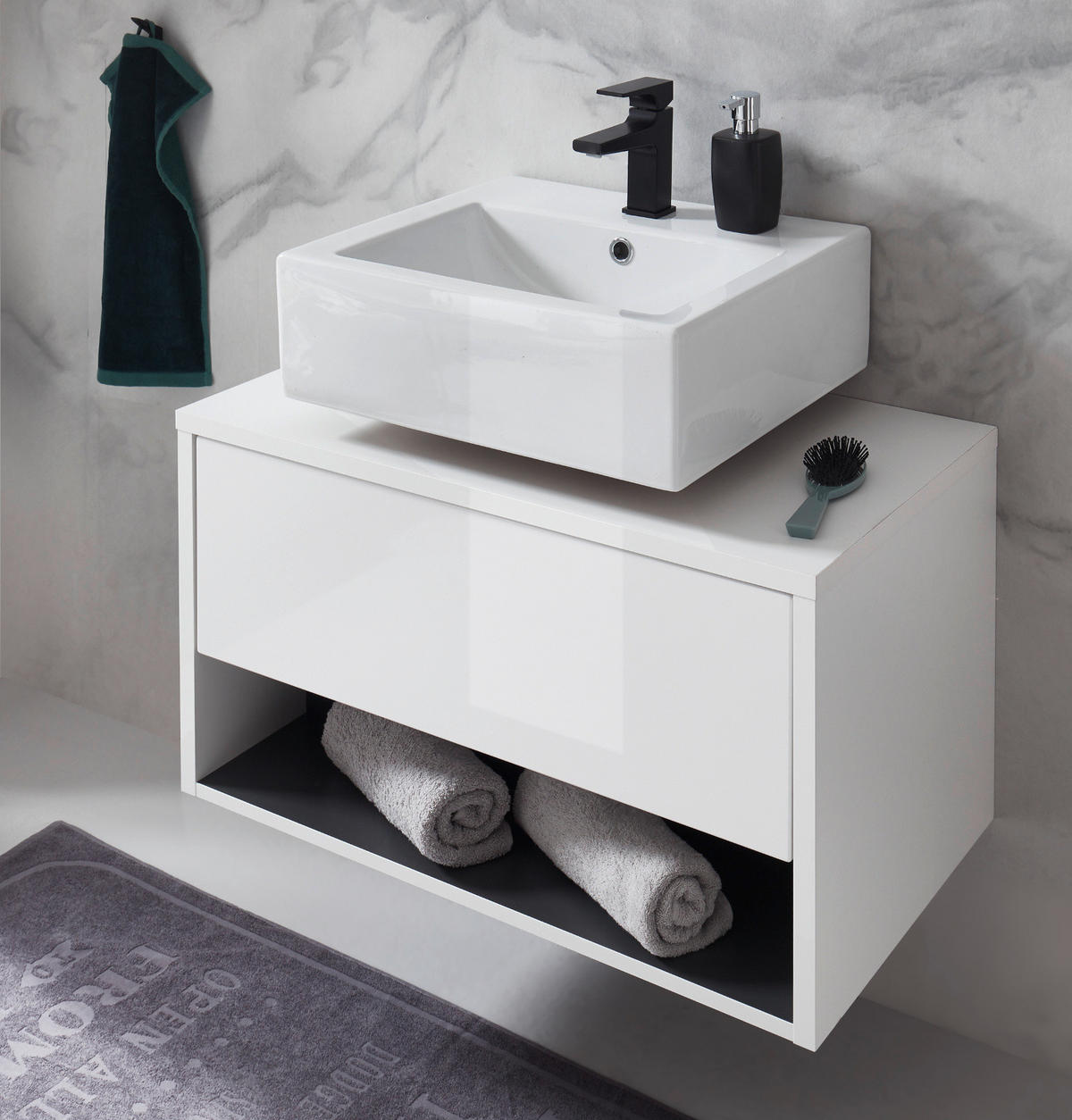 WASCHBECKENUNTERSCHRANK in weiß Hochglanz und grau 80 cm Glide - Weiß Hochglanz/Grau, Holzwerkstoff/Metall (80/44/46cm) - Furn.Design