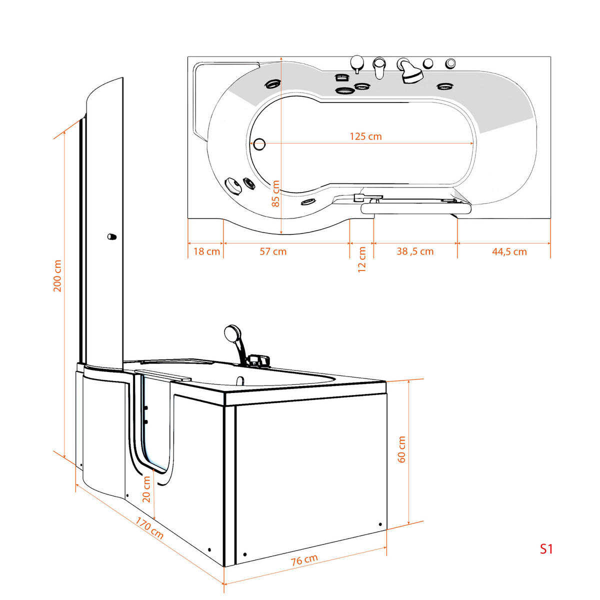 SENIORENDUSCHE S12D-TH-AIR-R-EC Weiß - Weiß, Glas/Kunststoff (170/200/85cm) - AcquaVapore by Sandra Jentho