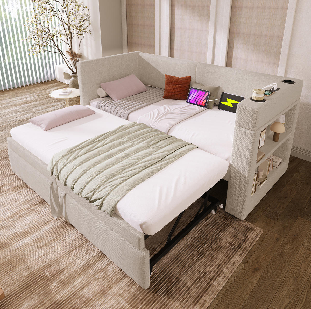 DAYBED 90/200 cm bež od pamuka i lana s izvlačnim ležajem i USB punjenjem - bež, tekstil (90/200cm) - OKWISH
