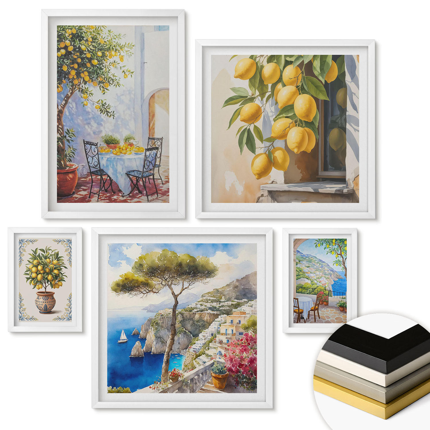 WANDBILDER 5er-Set - 50x50 cm & 20x30 cm & 40x60 cm Weißer Rahmen - Abstrakte Kranichberge - Weiß, Kunststoff (40/60cm) - ArtPrintCave