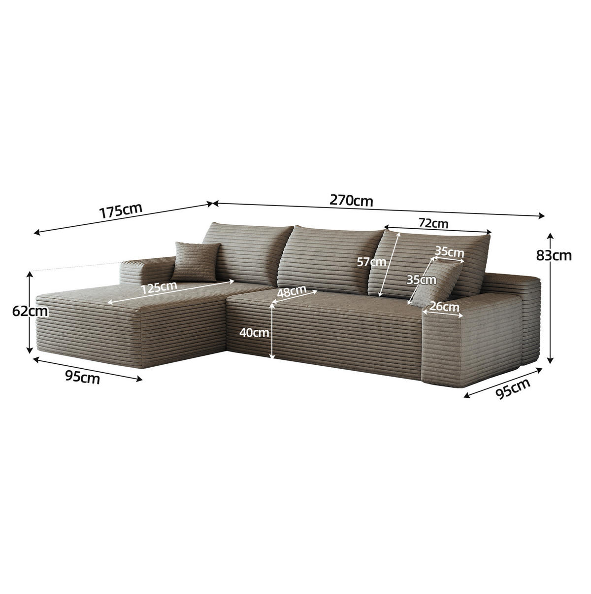 ECKSOFA 270 cm in Camel aus Cord mit weicher Schaumstofffüllung - Haselnussfarben, Textil (175/270cm) - Flora Grace
