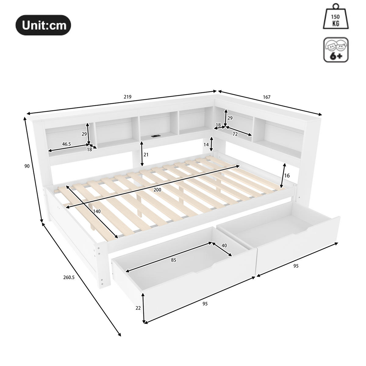 TAGEBETT 140x200cm Weiß Spanplatte 2 Schubladen Steckdose USB - Weiß, Holz (140/200cm) - FLIEKS