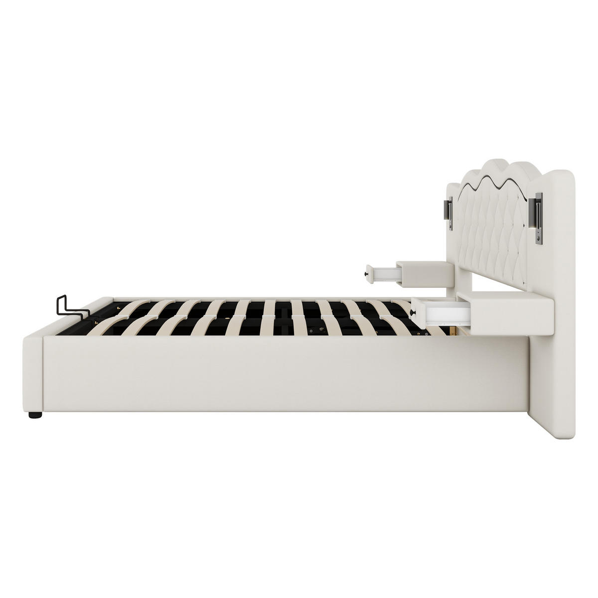 FLACHBETT 180x200cm Beige gepolstert Hydraulik USB 2 Nachttischlampen - Beige, Holz (180/200cm) - FLIEKS