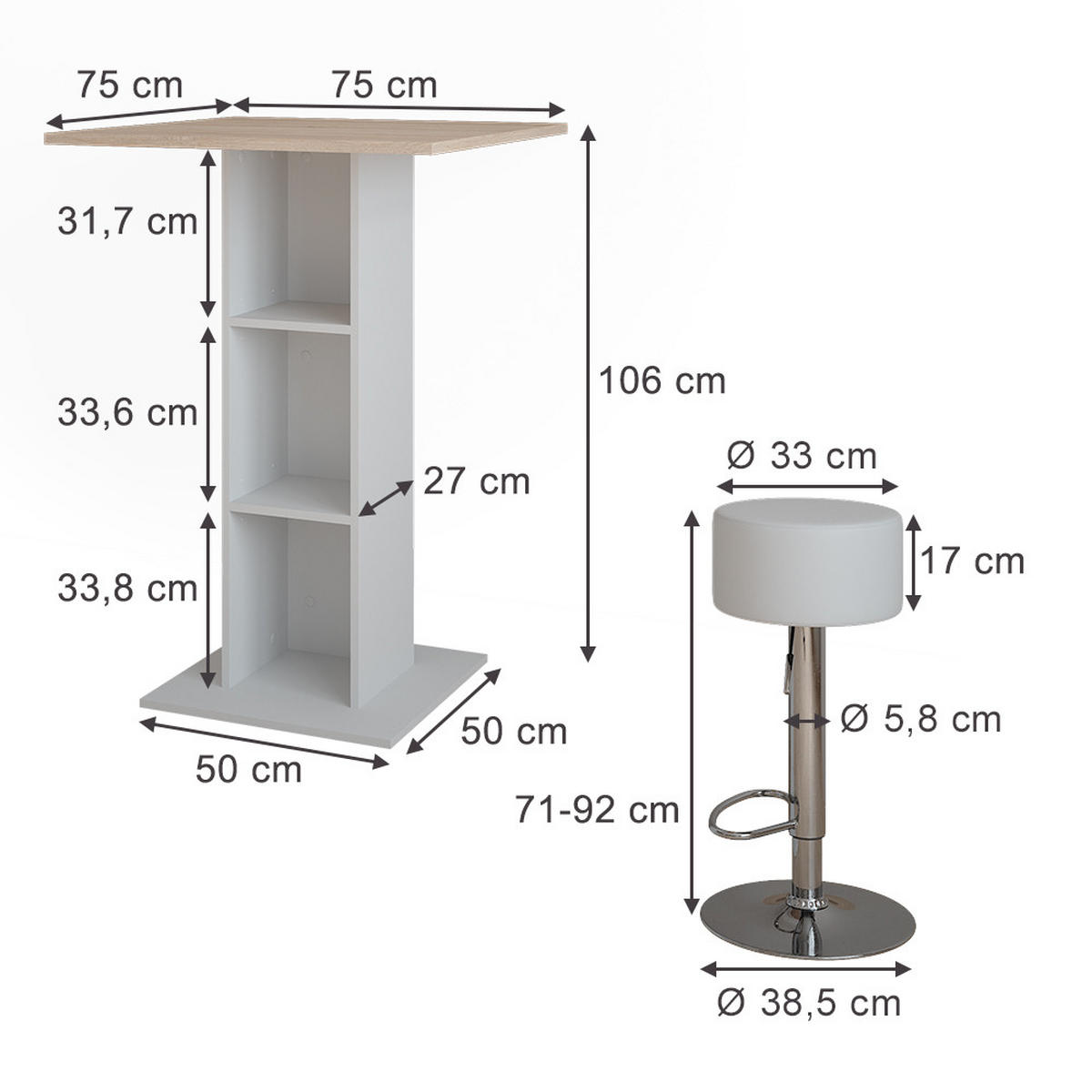STOJACÍ BAROVÝ STŮL SE ŽIDLEMI Repose Bílá/Sonoma - bílá, kompozitní dřevo (75/75/106cm) - Vicco