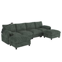 SCHLAFSOFA mit 6 Sitzen aus Chenille mit USB/Type-C, Handyhalter und Stauraum-Hockern - Grün, Textil (273.5/81/133cm) - EVRYAE