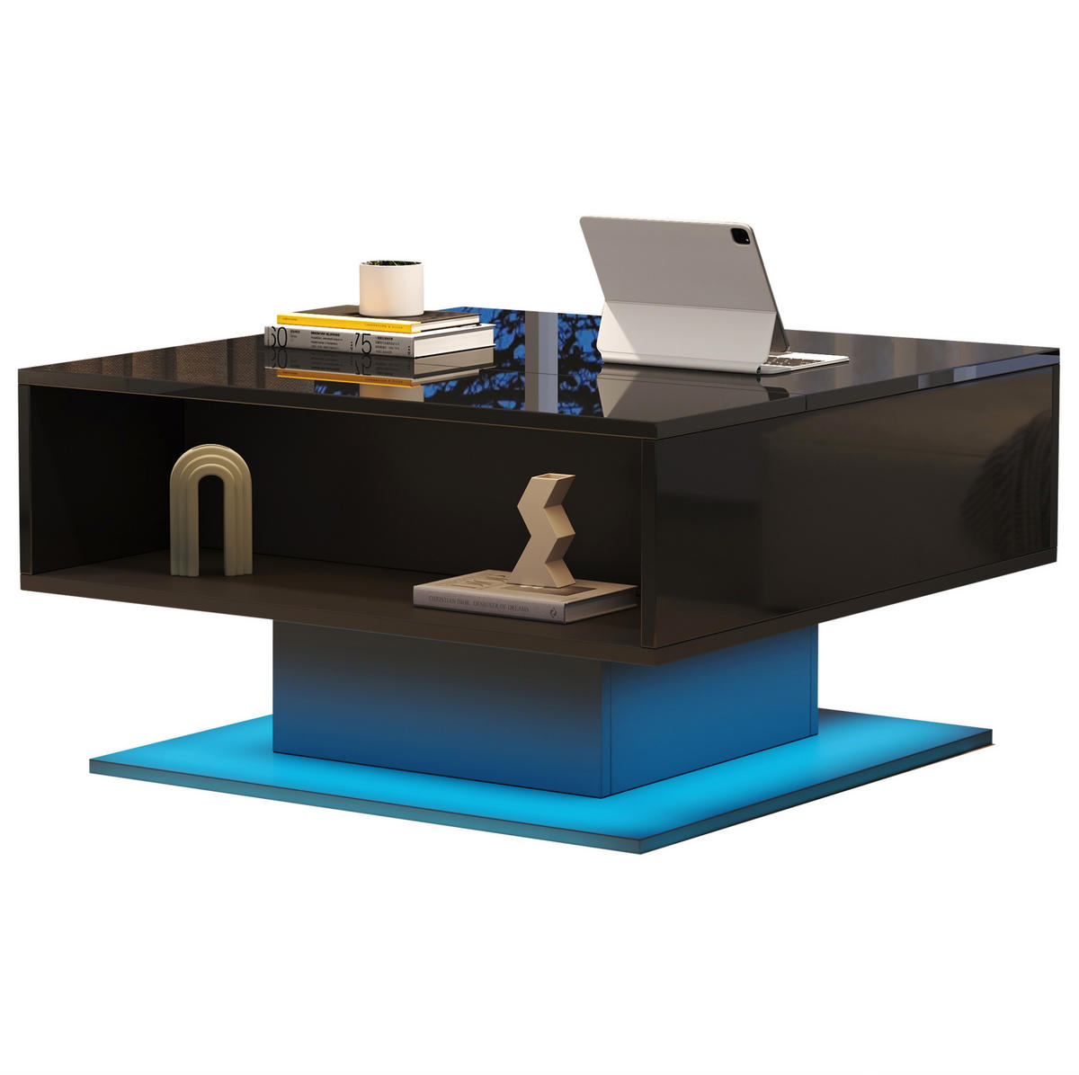 COUCHTISCH 80/75/40 cm mit höhenverstellbarer Platte, LED, Stauraum und Spanplatte in Hochglanzoptik, Schwarz - Schwarz, Holzwerkstoff (80/77/40cm) - Redom
