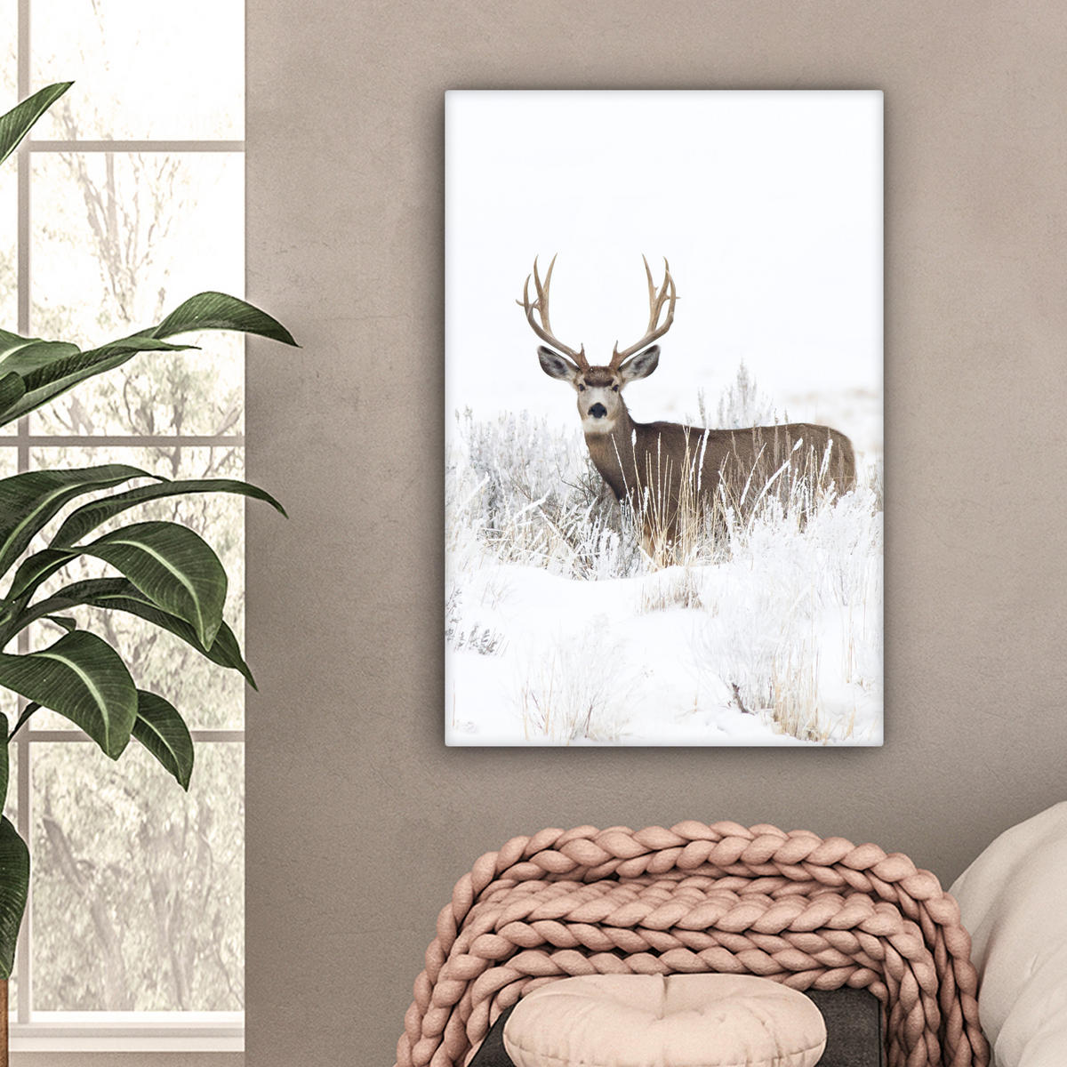 LEINWANDBILD Hirsche - Winter - Schnee - Tiere - Jahreszeiten - Weiß 60x90 cm - Hellbraun, Textil (60/90cm) - MuchoWow