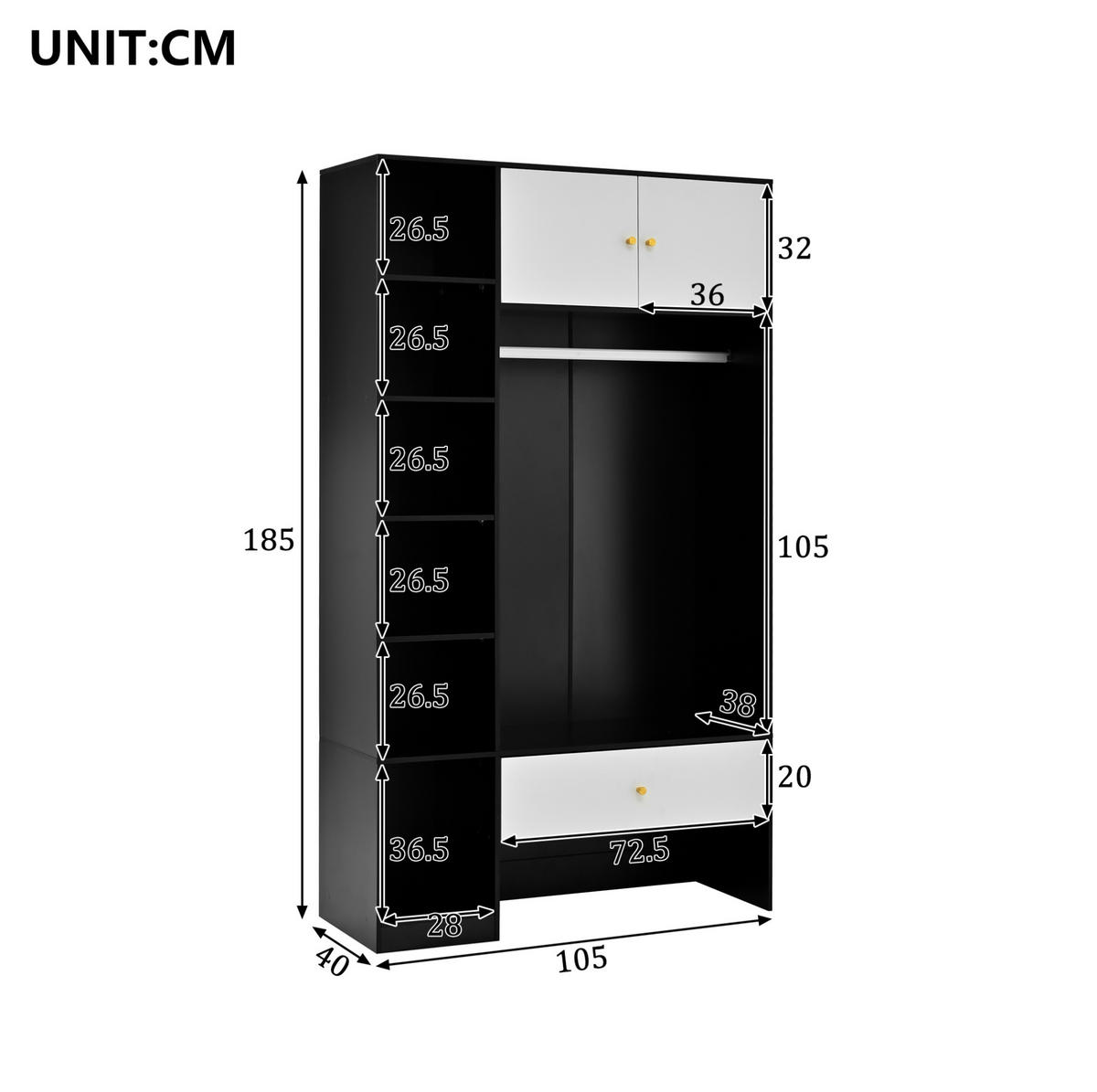 STANDKLEIDERSCHRANK 105/40/185 cm mit 2 Türen, Schublade und offenen Fächern - Weiß, Holzwerkstoff (105/185/40cm) - BEAOK