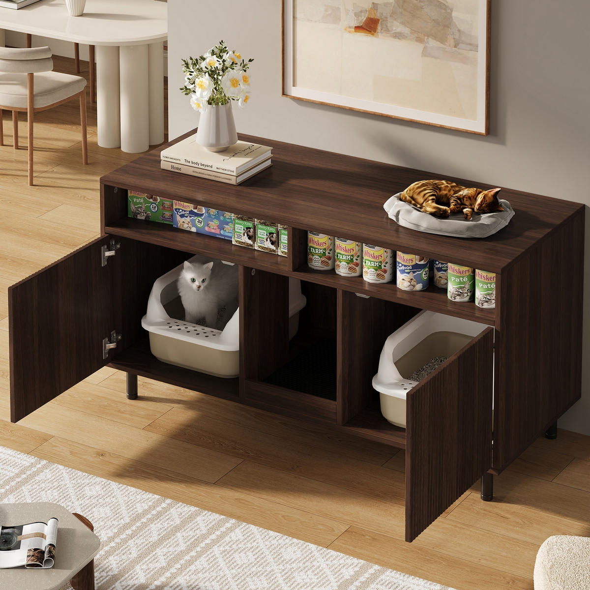 SIDEBOARD in Nussbaumfarben Katzentoiletten-Schrank mit Sandauffangmatte und Lagerbereich für Wohnzimmer, B120/T50/H66cm - Walnussfarben, Holzwerkstoff/Metall (120/66/50cm) - STILVORA