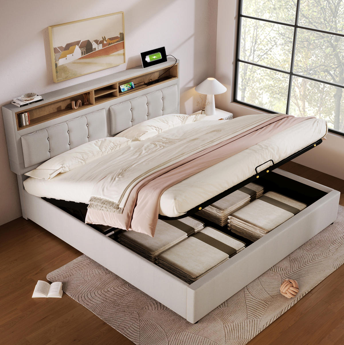 POLSTERBETT 160/200 cm Beige aus Leinen mit Stauraum und USB-C-Anschluss - Beige, Textil (160/200cm) - OKMYHOME