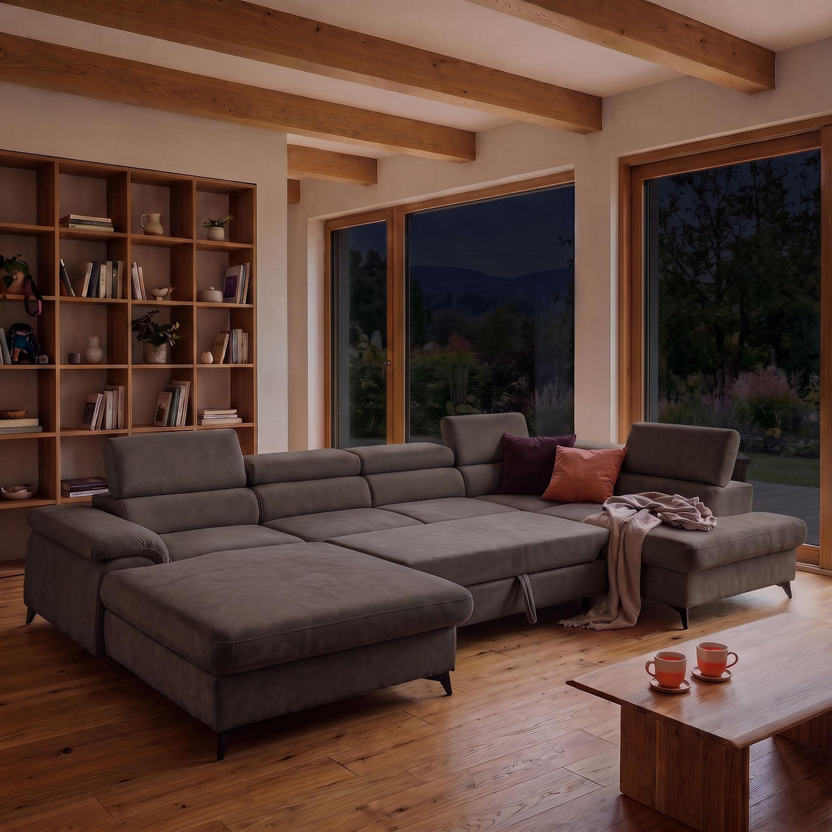 ECKSOFA U-Form PLAZA U Rechts mit Schlaffunktion 125x256 Velours Dunkelgrau - Dunkelgrau/Schwarz, Holz/Kunststoff (210/95/350cm) - Muffo