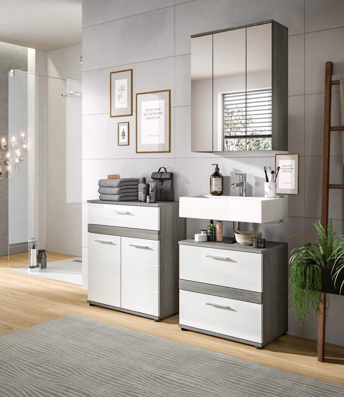 BADMÖBEL-SET 3-teilig weiß Hochglanz, grau 146 cm, Kombination mit viel Stauraum - Weiß Hochglanz/Grau, Holzwerkstoff (146/191/34cm) - Inn.Furn
