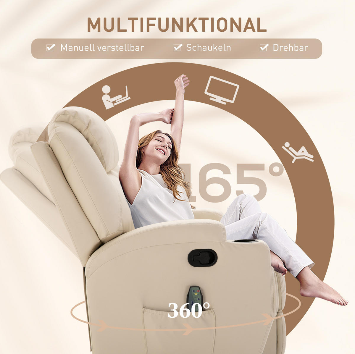RELAXSESSEL in Cremeweiß 92x84x109 cm mit Massagefunktion, Schaukelfunktion und Drehfunktion - Creme, Leder (84/109/92cm) - IVMEU