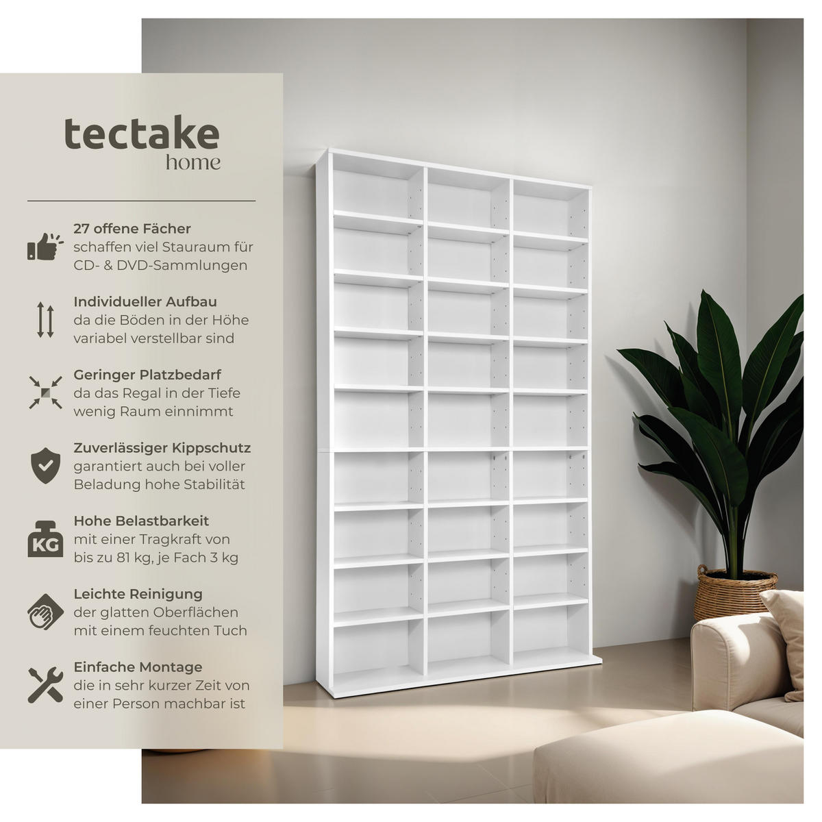 CD/DVD Regal Christel,180 x 102 x 23,5 cm,weiß - Weiß, Holz (23.5/180/102cm) - tectake