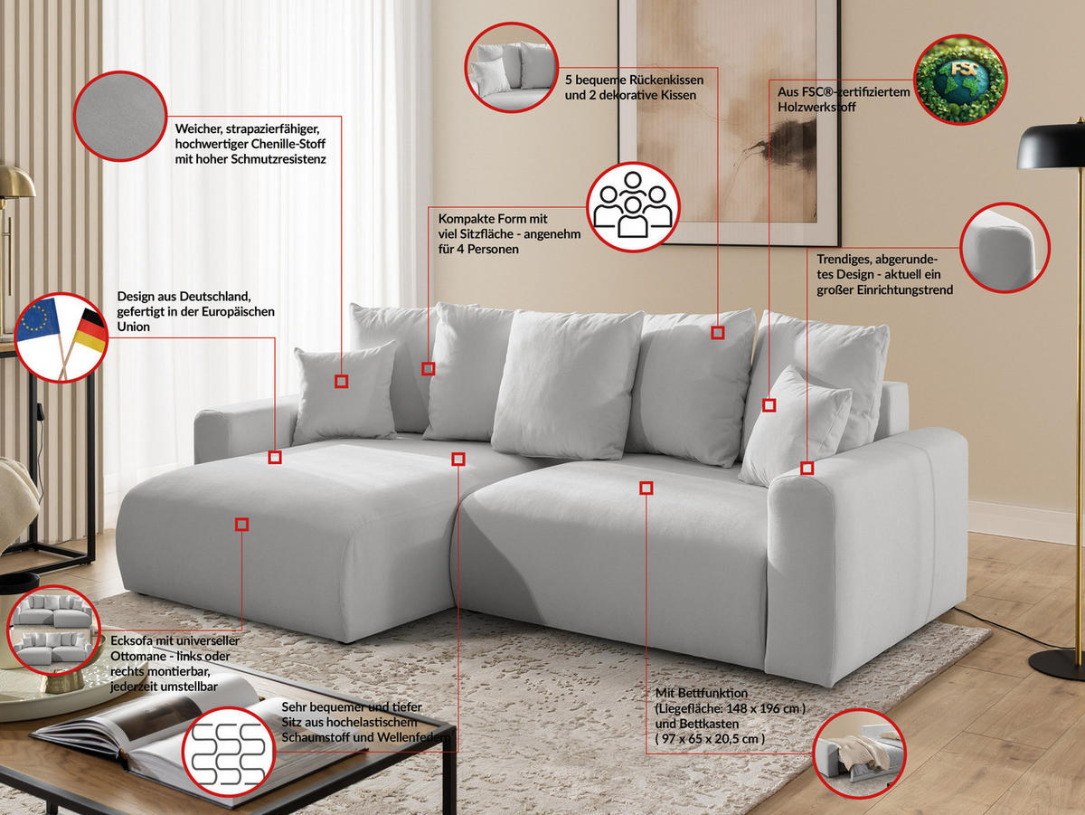 ECKSOFA Calma mit Schlaffunktion und Bettkasten im Bumpy-Design aus weichem Grau Webstoff - Ottomane links - Schwarz/Grau, Holz/Kunststoff (239/140cm) - S-Style