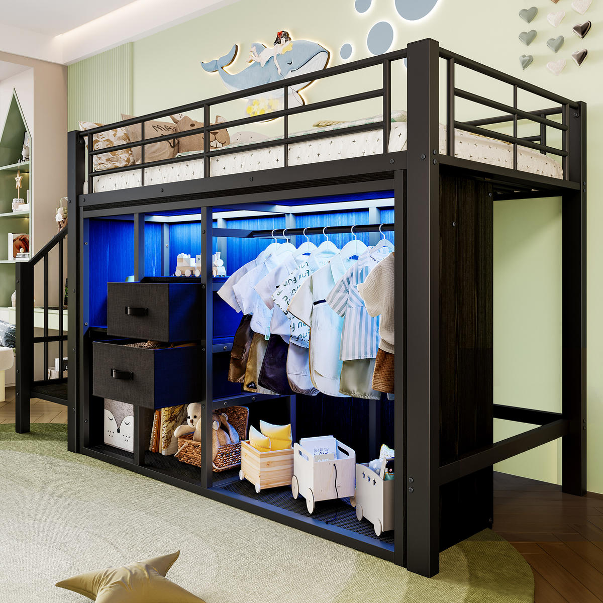 HOCHBETT 90/200 cm Schwarz mit 2 Schubladen und mehrfarbiger LED-Beleuchtung - Schwarz, Metall (90/200cm) - OKWISH