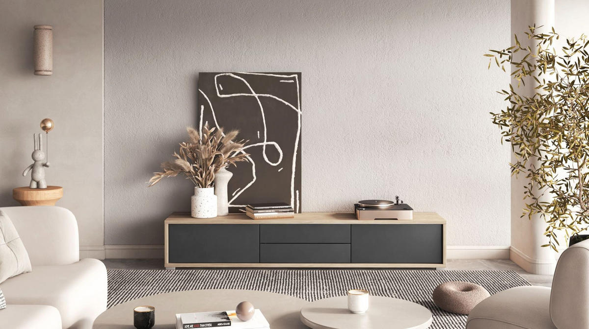 TV-LOWBOARD Moddern Eiche / Anthrazit mit Schubladen 180/32/36 cm - Anthrazit/Beige, Holzwerkstoff (180/32/36cm) - Selsey