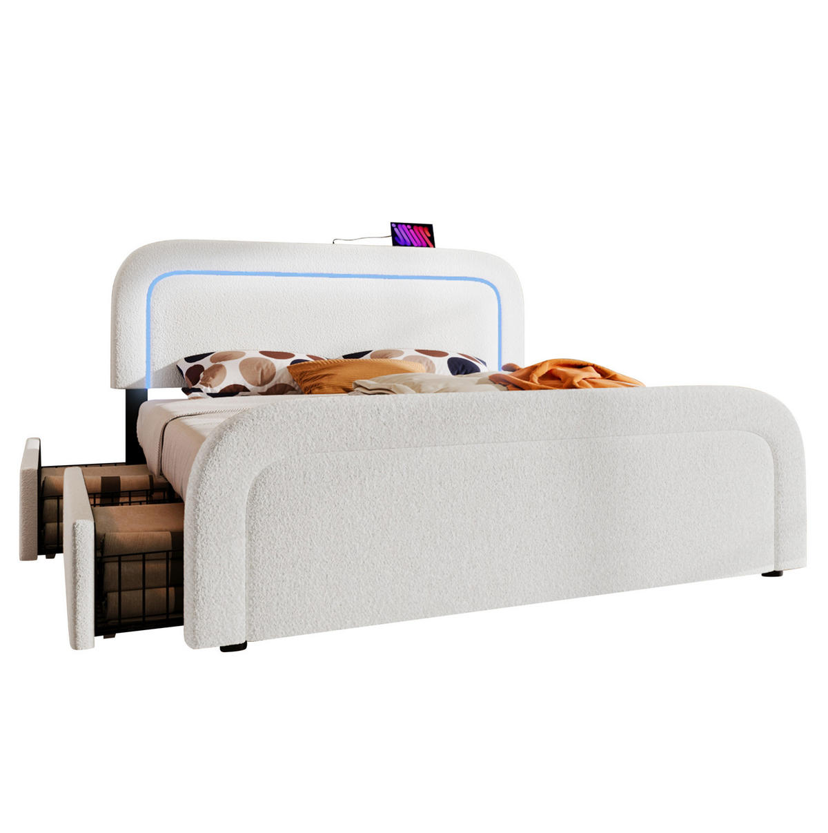 POLSTERBETT 140/200 cm aus Sherpa mit USB-C, LED-Beleuchtung und 4 Schubladen Weiß - Weiß, Fell (140/200cm) - Modenvie