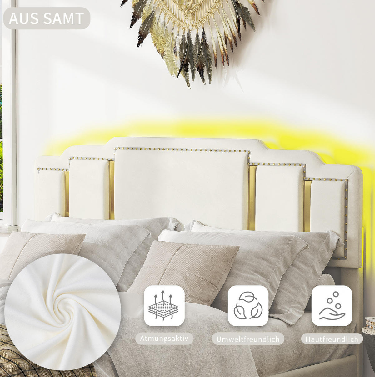 POLSTERBETT 160/200 cm aus Samt mit LED-Beleuchtung und 4 Schubladen Beige - Beige, Textil (160/200cm) - Modenvie