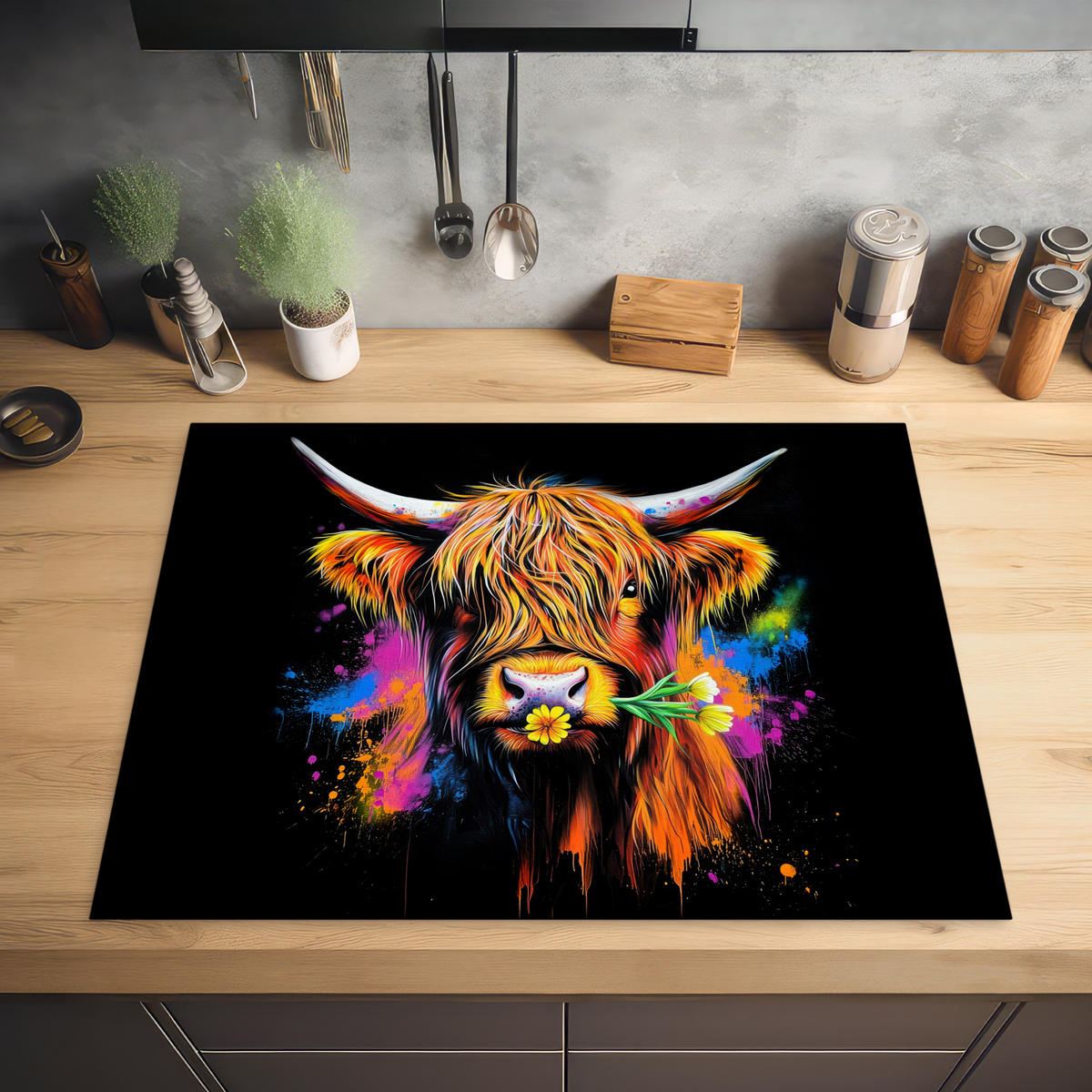 HERDABDECKPLATTE Schottischer Highlander - Graffiti - Bunt - Blume - Tiere Induktionsmatte 77x59 cm - Multicolor, Kunststoff (77/59/0.2cm) - MuchoWow