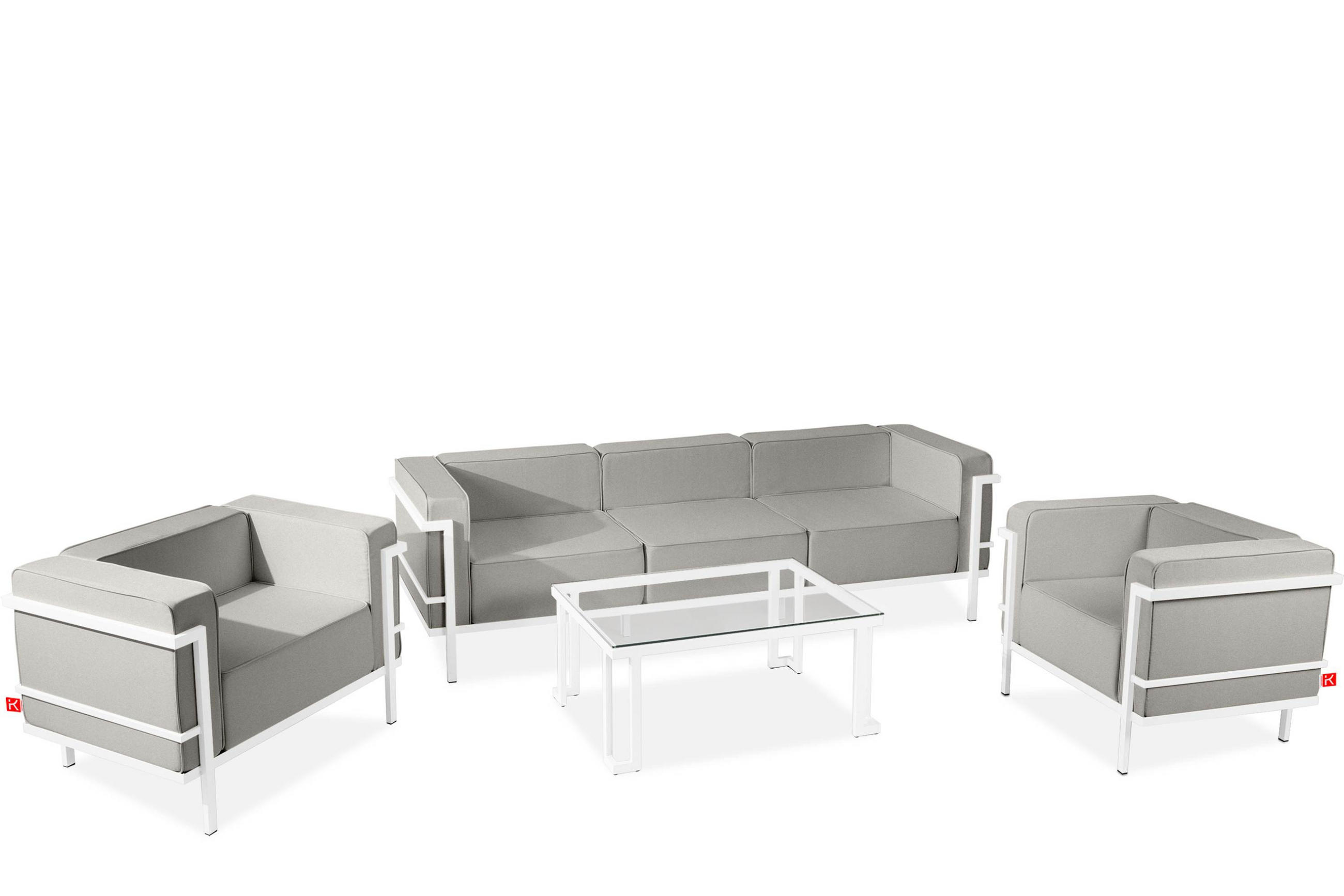 GARTENLOUNGE-SET TRIGLO 1x Tisch, 2x Sessel, 1x Sofa 3-Sitzer, 4-tlg., Modern, Weiß/Cremeweiß - Hellgrau, Textil/Metall - KONSIMO®