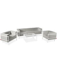 GARTENLOUNGE-SET TRIGLO 1x Tisch, 2x Sessel, 1x Sofa 3-Sitzer, 4-tlg., Modern, Weiß/Cremeweiß - Hellgrau, Textil/Metall - KONSIMO®