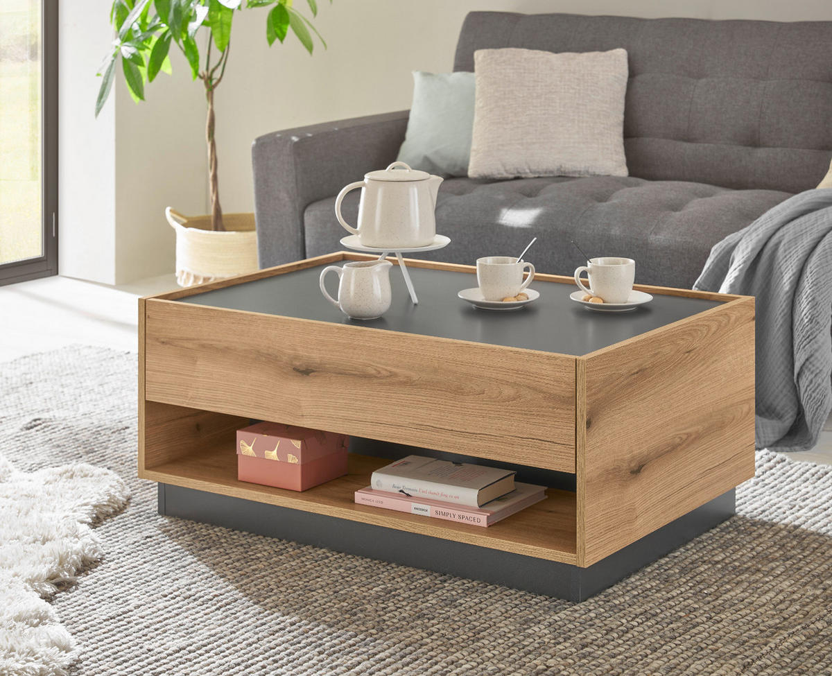 COUCHTISCH Eiche Evoke, grau 90 x 60 cm, Wohnzimmertisch mit Stauraum - Schwarz/Naturfarben, Holz/Holzwerkstoff (90/90/1cm) - Furn.Design