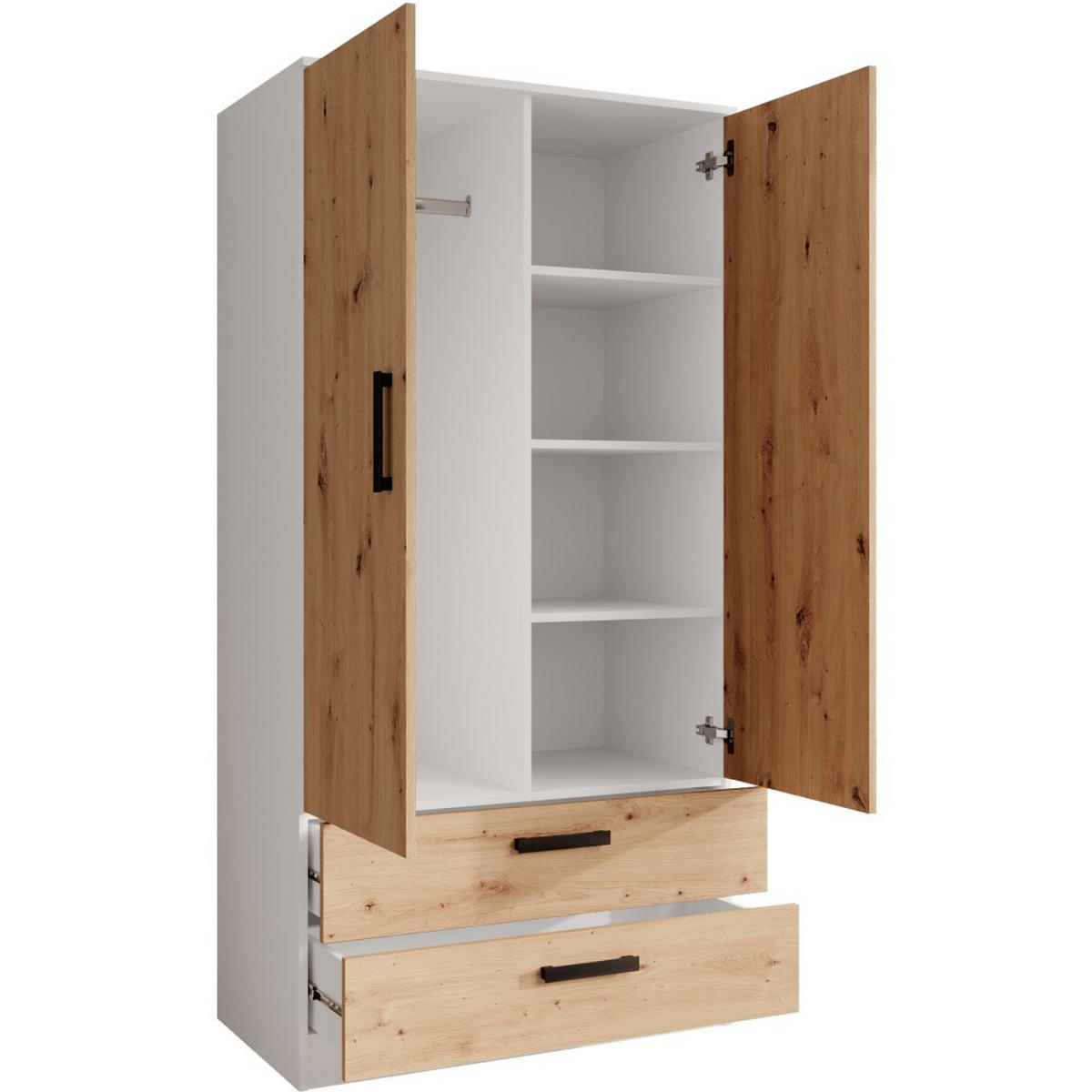 DREHTÜRENSCHRANK Trend, mit Schubladen, Weiß+eiche Artisan - Schwarz/Weiß, Holzwerkstoff (90/180/50cm) - Beautysofa