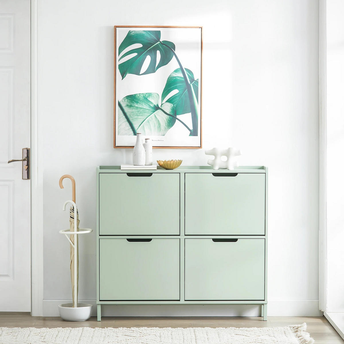 FSR100 Schuhkipper 4 Klappen Schuhschrank schmal Schuhkommode Schuhablage Hellgrün - Hellgrün, Holzwerkstoff/Metall (100/90/19cm)