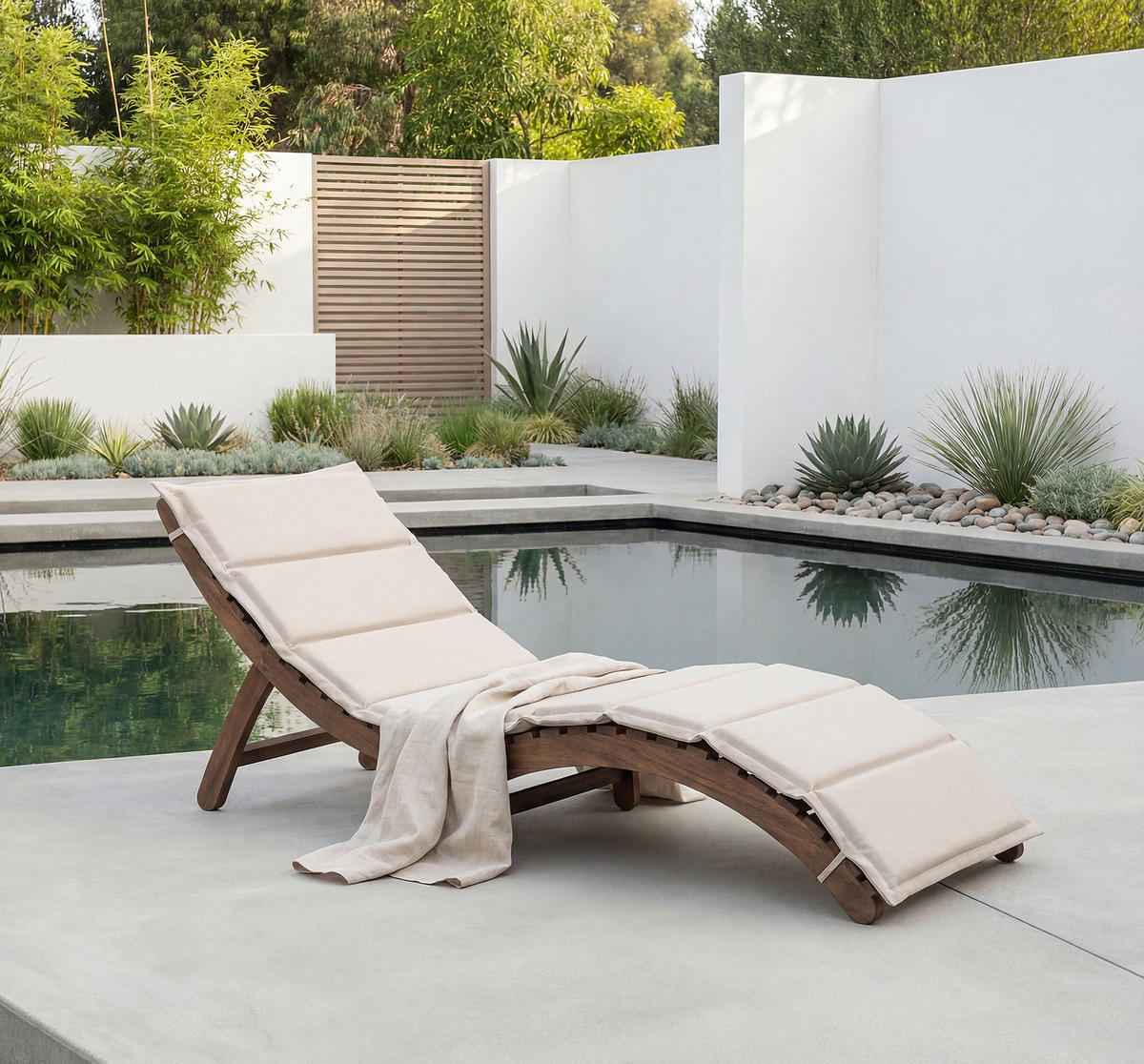 GARTENLIEGE - Akazie massiv / Webstoff - Beige, Holz/Textil (54/55/168cm) - home24