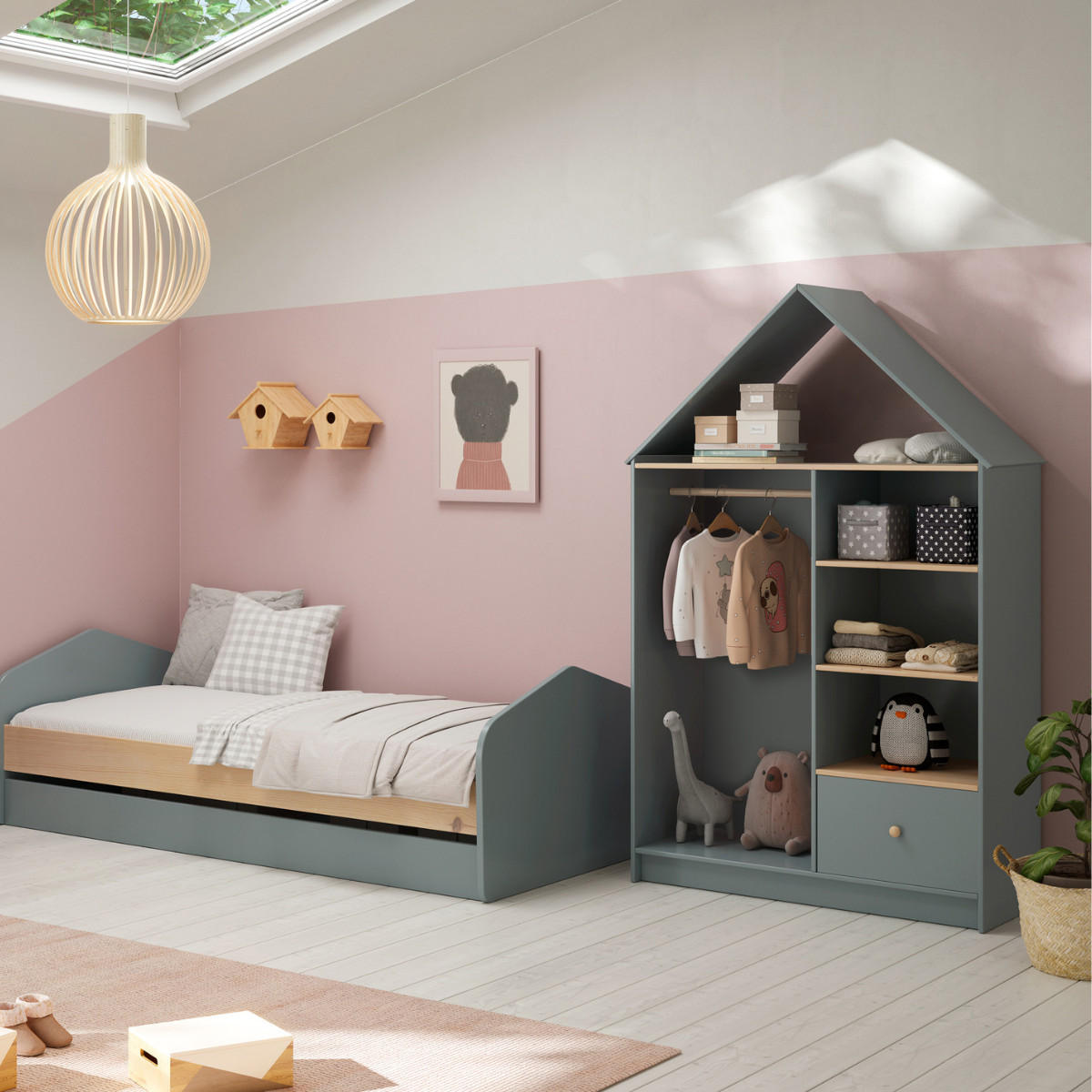 KLEIDERSCHRANK mit 3 Nischen, 1 Schublade und 1 Kleiderstange H180 cm 45/110/180 cm - Grün, Holz (45/180/110cm) - Calicosy