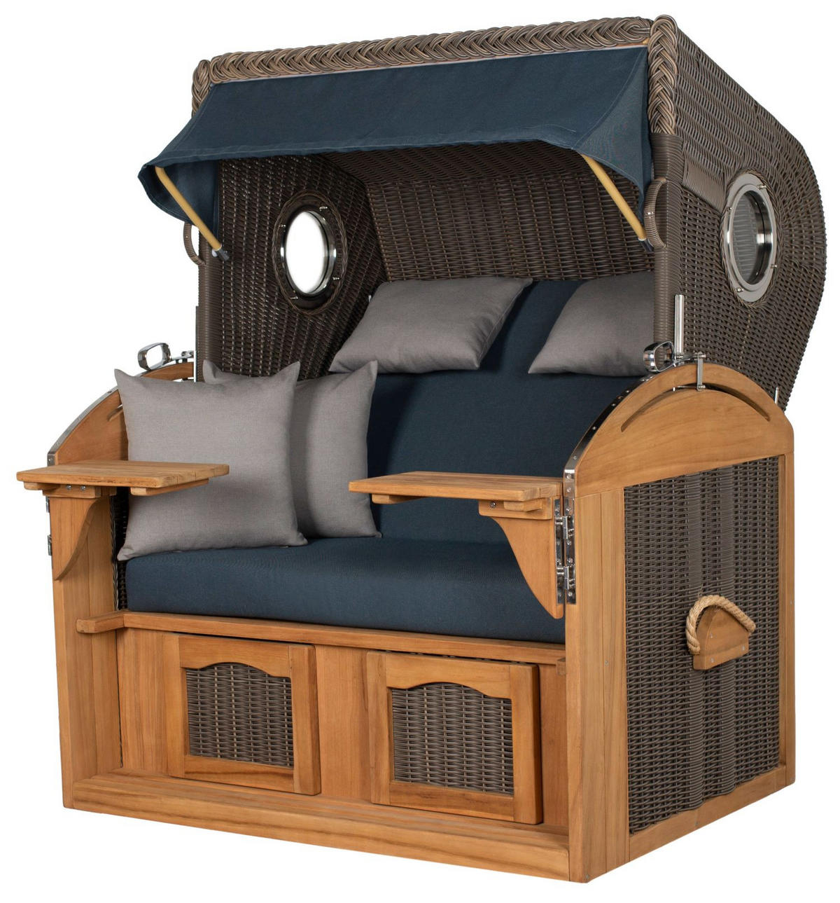 STRANDKORB Komplettset: Borkum XL Teak Bullauge - PE grau - Modell 593 - Grau, Holz/Kunststoff (142/170/95cm) - bene living