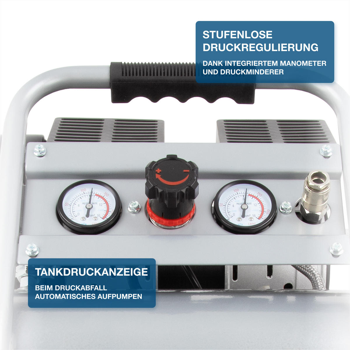 SILENT Kompressor SAC75008 (9 bar, 8L, tragbar, ÖLFREI, 49 dB, 750 W / 1 PS) - Silberfarben, Metall (41/41/35cm) - HYUNDAI