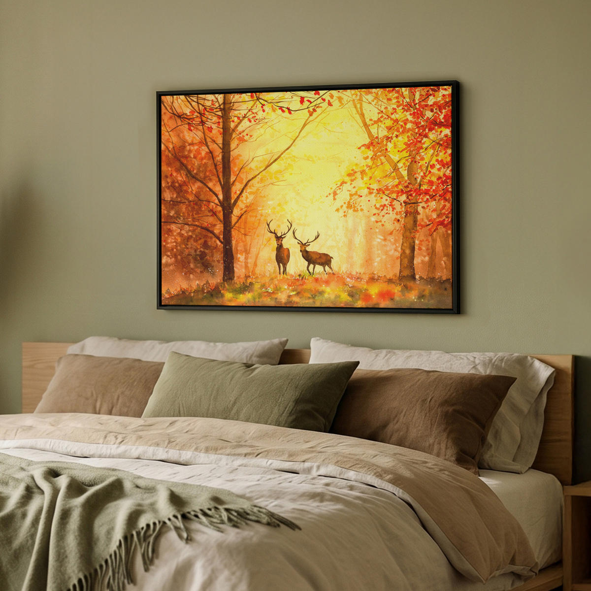 LEINWAND Bilder mit Rahmen - Natur - Ölfarbe - Hirsche - Tiere - Herbst - Orange - 80x60 - Orange, Textil (80/60cm) - MuchoWow