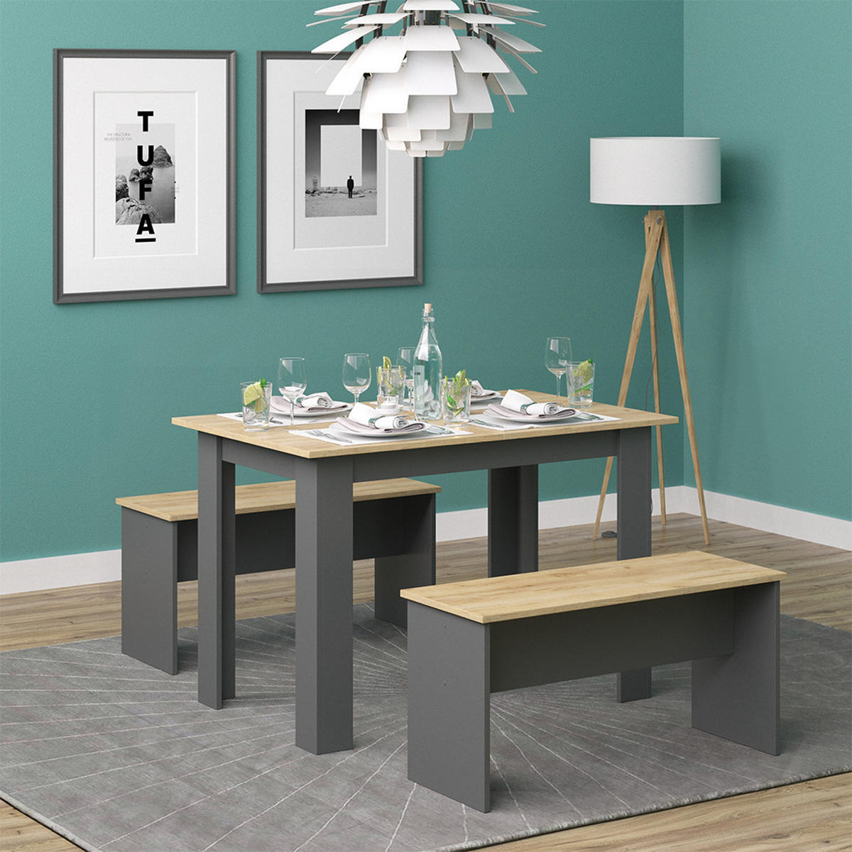 ESSTISCH SET Sentio Anthrazit 110 x 70 cm mit 2 Bänken - Anthrazit, Holzwerkstoff (110/73/70cm) - Vicco