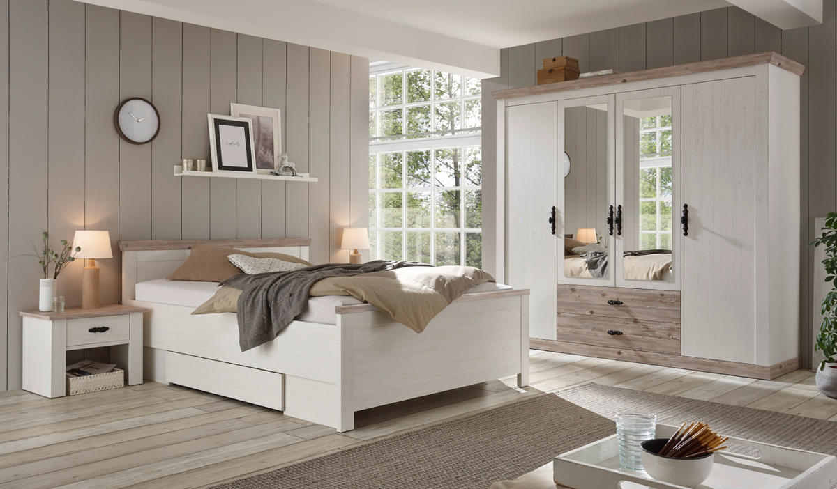 KLEIDERSCHRANK Pinie weiß, Oslo Pinie Landhaus, Drehtürenschrank 4-türig mit Spiegel, 217 x 201 cm - Anthrazit/Weiß, Holzwerkstoff/Metall (217/201/60cm) - Furn.Design