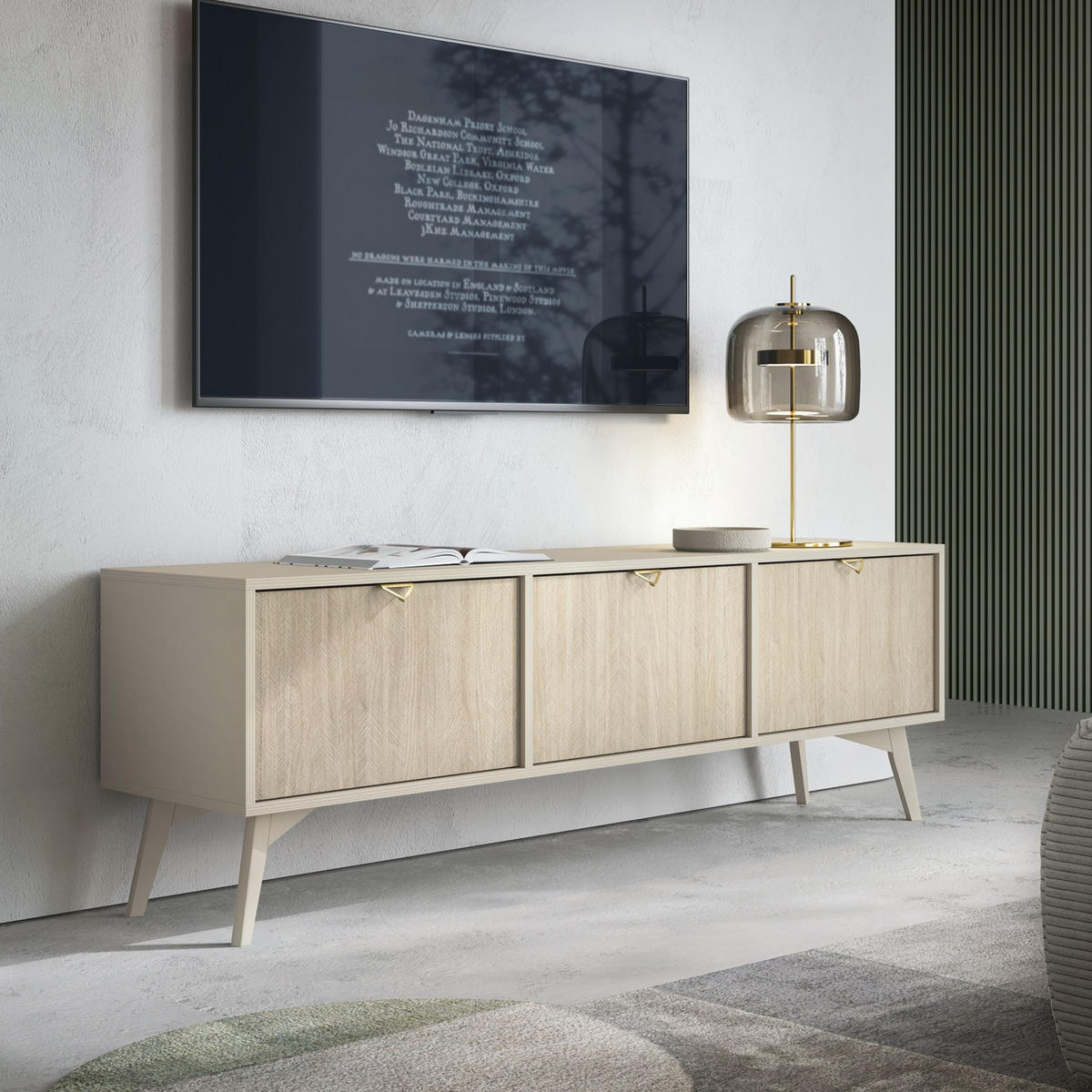 LOWBOARD Silva 158 cm in Sandbeige + Scandi-Fischgrätmuster mit Türen - Beige/Goldfarben, Holz/Holzwerkstoff (158/53/38cm) - Ravio