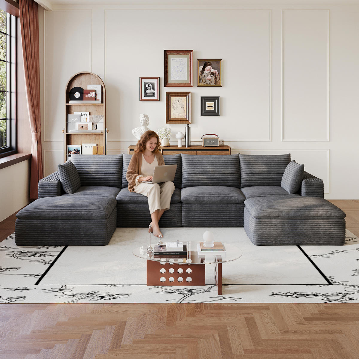 WOHNLANDSCHAFT aus Stoff 340 cm Dunkelgrau mit flexiblem Aufbau und Schaumstoffkomfort - Dunkelgrau, Textil (340/60/160cm) - Modfu