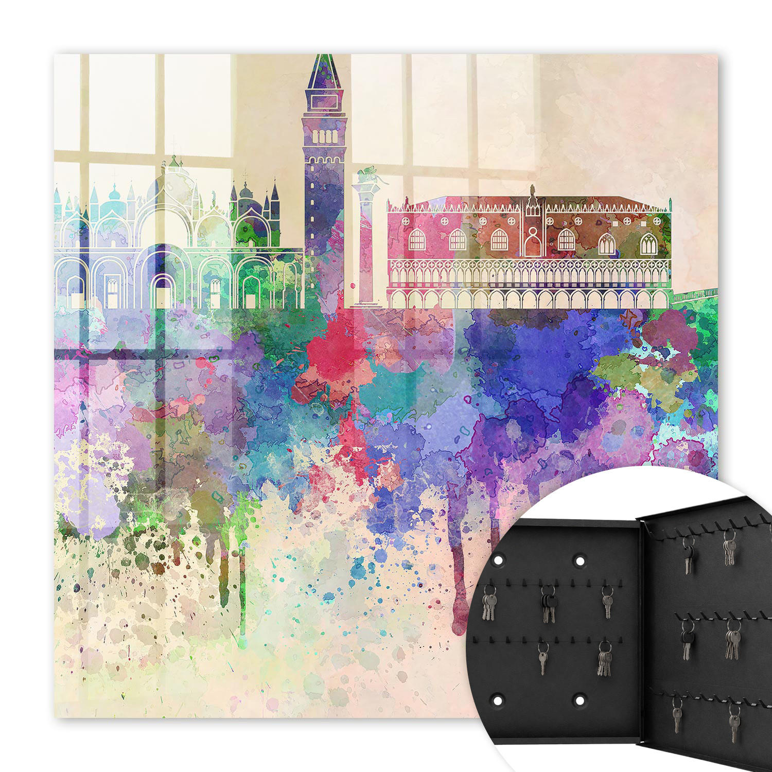 SCHLÜSSELBOX Schwarz 30x30 cm- Türöffnung nach rechts - Urbane Aquarellmalerei - Lila, Metall (30/30/5cm) - TULUP