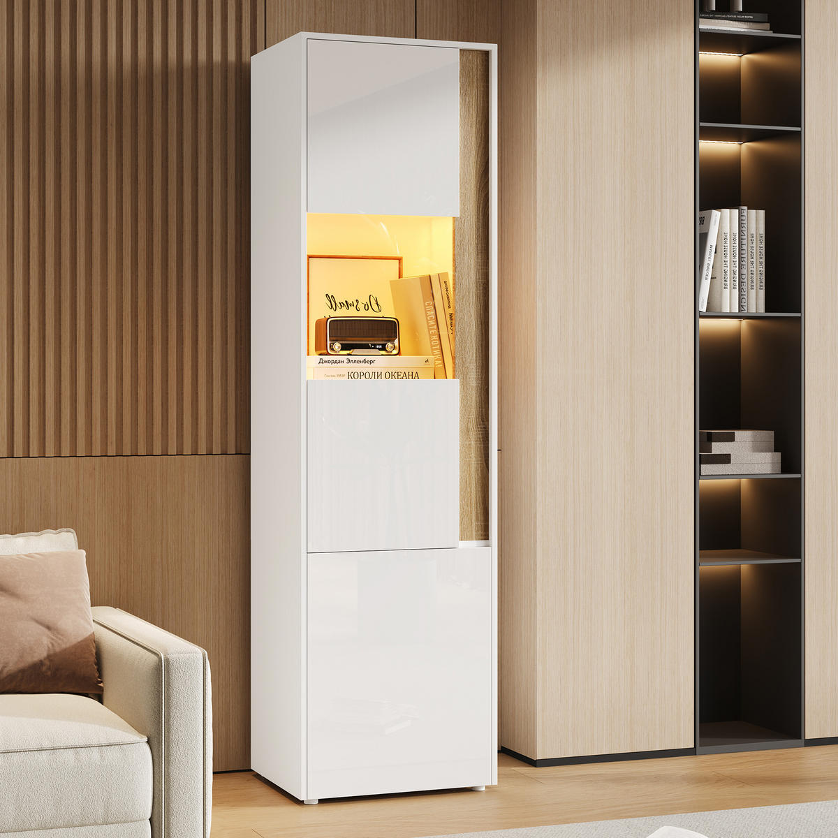 VITRINE LED Acryl Tür 2 Türen Weiß Natur 179cm - Multicolor, Holzwerkstoff (50/179/40cm) - FLIEKS
