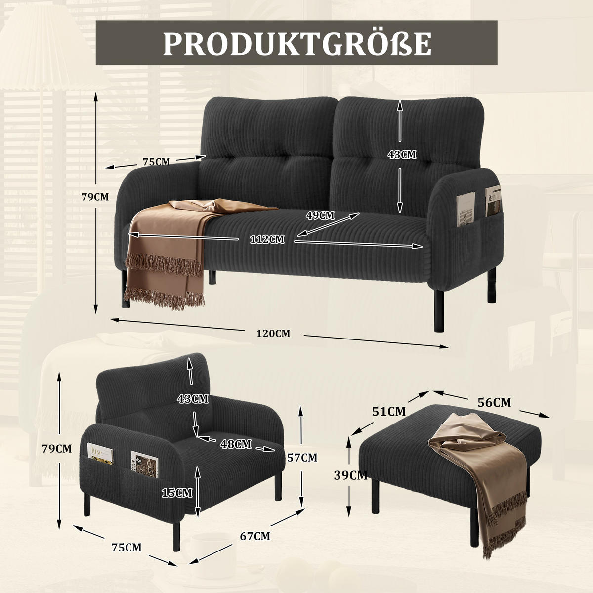 SOFA Set, 2-Sitzer+Sessel+Hocker, Cord, Grau - Schwarz/Grau, Textil/Metall (120/79/75cm) - LVHOM