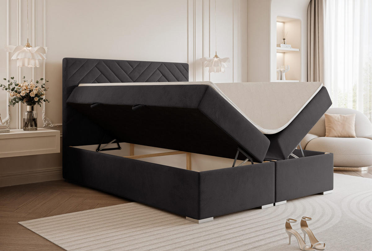 BOXBETT NEREA 120/200 cm mit Matratze und Topper, Dunkelgrau - Dunkelgrau, Textil (120/200cm) - Idohome