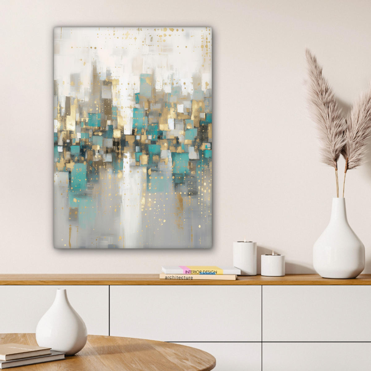 LEINWANDBILD Abstrakt - Blöcke - Gold - Skyline Wandbild Wohnzimmer 60x80 cm - Beige, Textil (60/80cm) - MuchoWow