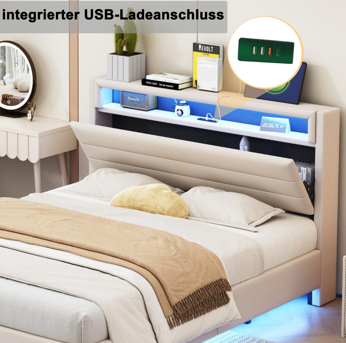 POLSTERBETT 160/200 cm Beige aus Stoff mit LED und USB-Steckdose - Beige, Textil (160/200cm) - OKMYHOME